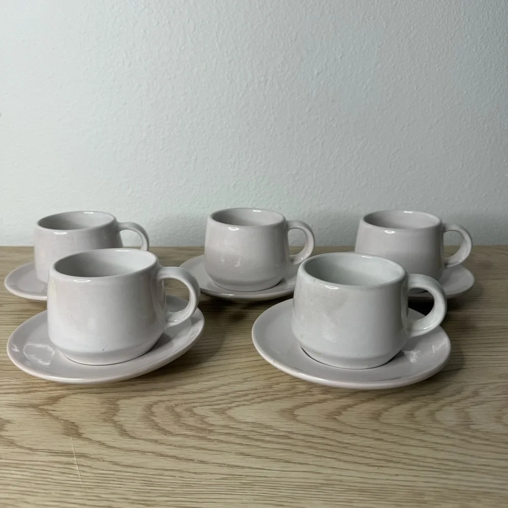 Set of 5 Frankoma Bone‎ White Cream Tea Cups and Saucers Handmade Art Pottery
